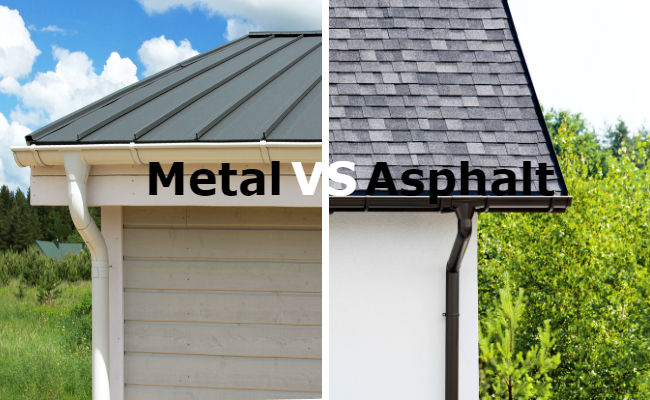 Split photo, with a house with metal roof on one side and house with asphalt roof on the other.