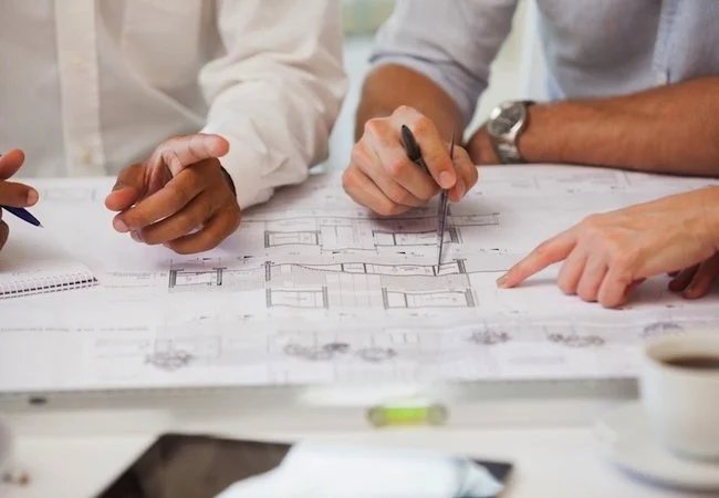 A close-up of several people reviewing architectural drawings of a home.